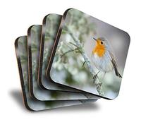 Destination Vinyl Ltd Great Coasters (Set of 4) Square - Cute Winter Red Robin Bird Garden Drink Glossy Coasters/Tabletop Protection for Any Table Type #24115