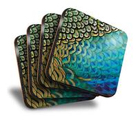 Destination Vinyl ltd Great Coasters (Set of 4) Square - Feathers Peafowl Peacock Drink Glossy Coasters/Tabletop Protection for Any Table Type #44250
