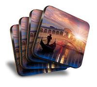 Destination Vinyl ltd Great Coasters (Set of 4) Square - Gondola Rialto Bridge Venice Italy Drink Glossy Coasters/Tabletop Protection for Any Table Type #21629