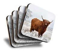 Destination Vinyl Ltd Great Coasters (Set of 4) Square - Winter Highland Cow Scotland Scottish Drink Glossy Coasters/Tabletop Protection for Any Table Type #15508