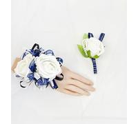 DESUNESS Artificial Rose Corsage and Boutonniere Set for Wedding Party, Bridal Bouquet, Prom, Birthday, Valentine's Day (Dark Blue)