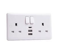Deta 13A 2 Gang Switched Electrical Wall Socket with 2x USB-A/1x Usb-C Ports