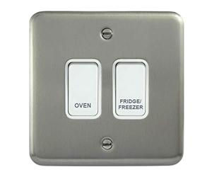 Deta Electrical Co. Ltd Satin Chrome Customised 2 Gang Kitchen Grid Switch Panel with White Switches - 20 Amp, Rotary, Toggle, Manual Operation, White