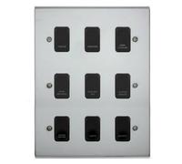 Deta Polished Chrome Customised Kitchen Grid Switch Panel With Black Switches - 9 Gang