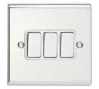Deta Sd1205Chw Slimline Décor Light Switch 10 Amp 3 Gang 2 Way (Polished Chrome / White Insert)