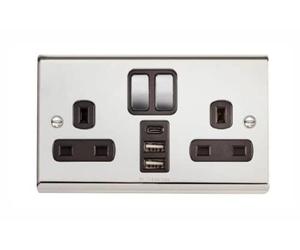 Deta SD1288CHB Slimline Twin 13 Amp Double Pole Switch Socket c/w 2 x USB Charging Ports & 1 x USB-C Charging Port (Polished Chrome/Black Insert)