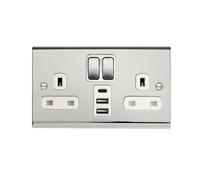 Deta SD1288CHW Slimline Twin 13 Amp Double Pole Switch Socket c/w 2 x USB & 1 x USB-C (Polished Chrome/White Insert)