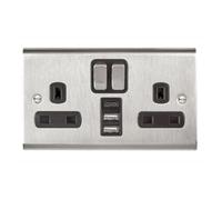 Deta SD1288SSB Slimline Twin 13 Amp Double Pole Switch Socket c/w 2 x USB Charging Ports & 1 x USB-C Charging Port (Stainless Steel/Black Insert)