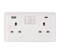 Deta Vimark VP1289 Pro White Moulded 13A 2 Gang Switched Socket with 2 USB Ports (1 x Type C + 1 x Type A, 4.8A)