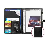 Detachable Ring Binder and Notepad， A4 PU Leather 4 Ring Binder with Multiple Pockets, Pen Loop and 15 Data Films Multicolor(Black,12 bit Calculator)