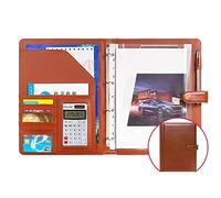 Detachable Ring Binder and Notepad， A4 PU Leather 4 Ring Binder with Multiple Pockets, Pen Loop and 15 Data Films Multicolor(Brown,12 bit Solar Calculator)