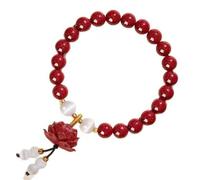 Detail with Flower Charm, Red Beaded Wrist Bangle with White Accent Beads for Daily Outfit Wear Flower Charm Beaded Wrist Jewelry Slip on Bangle Accent Bead Wristband, One Size, as described, as