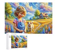 Detailed Child with Puppy in Flower Field Art Puzzle for Adults, 1000 PCS, A Focused Activity for Patient Adult Puzzlers, for Family Nights