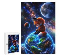 Detailed Fox Sitting on Earth in Space Jigsaw Puzzle, 1000 PCS, for Adults, A Creative Way to Unwind after A Busy Day, for Family Nights