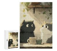 Detailed Quiet Coffee Ritual - Two Cats Sharing A Calm Moment Jigsaw Puzzle, 300 PCS, for Adults, Shared Puzzle Time for Family And Friends, for Indoor Play