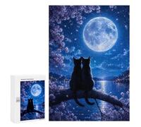 Detailed Two Cats Under The Full Moon Jigsaw Puzzle, 300 PCS, for Adults, Shared Puzzle Time for Family And Friends, for Indoor Play