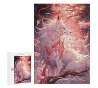 Detailed White Kitsune of Sakura Jigsaw Puzzle, 300 PCS, for Adults, A Creative Way to Unwind after A Busy Day, for Quiet Evenings