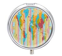 Detailed World Map with Standard Time Zones Colorful Pattern Iron Pill Box Case Organizer with Internal Separate Plastic Dividers, Travel Small Medicine Bag Holder Carrier Round Container