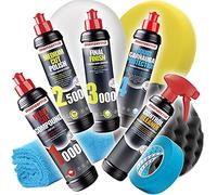 Detailmate Car Polish Set - Menzerna: Super Heavy Cut Compund 1000 + Medium Cut 2500 + Final Finish 3000 + Liquid Carnauba Wax + 3 Pads + Microfiber Polishing Cloth + 3m Tape