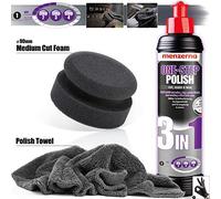 detailmate Hand Polish Car Set - Menzerna Medium Cut Polish One-Step Polish 3 in 1, 250 ml + Made in Germany Polishing Sponge + Ultra Fluffy Microfibre Polishing Cloth 550 GSM + 1 Protective Glove