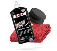 detailmate SONAX Hand Polishing Bundle - Sonax Polish + Wax Colour Black 500 ml Hand Polishing Sponge Hard Diameter 90/50 mm Edgeless Microfibre Polishing Cloth 550 GSM Red