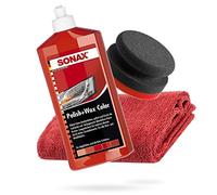 detailmate SONAX Hand Polishing Bundle - Sonax Polish + Wax Colour Red 500 ml Hand Polishing Sponge Hard Diameter 90/50 mm Edgeless Microfibre Polishing Cloth 550 GSM Red