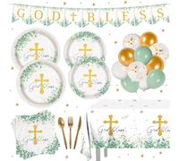 Detanpoly 202pcs God Bless Baptism Party Supplies First Holy Communion Plates and Napkins Include Cross Tablecloth Balloons Banner Christening Celebration Baby Shower Party Supplies Serve 30 Guests
