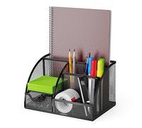 Desk Organizer and Pencil Case with Drawer and 6 Compartments in Black Metal Mesh. Space-Saving Desk Organizer for Pens, Pencils, Sticky Notes, Clips and Staplers