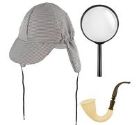 Detective Accessory Set - 3PC Men’s Fancy Dress Kit with Hat, Magnifying Glass & Pipe - Sherlock Style Costume Props for Halloween, Mystery Party & Themed Events