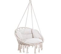 DETEX® Boho Style Hanging Circular Chair | 60cm Diameter Round Seat 150kg Capacity with 2 Cushions | Weatherproof 360° Swing Seat Galvanised Steel Cotton Indoor Outdoor | Cream