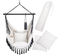 DETEX® Boho Style Hanging Hammock Chair | 150kg Capacity with Drink Holder 2 Cushions | XL Indoor Outdoor Garden Patio Lounge Bedroom Swing Seat Cotton Hardwood | Cream