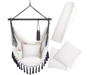 DETEX® Boho Style Hanging Hammock Chair | 150kg Capacity with Drink Holder 2 Cushions | XL Indoor Outdoor Garden Patio Lounge Bedroom Swing Seat Cotton Hardwood | Cream