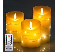 DETIAN LED flameless Candle, with Embedded Fairy String Lights, 3-Piece LED Candle, with 10-Key Remote Control, 24-Hour Timer Function, Dancing Flame, Real Wax, Battery-Powered. (Ivory White)