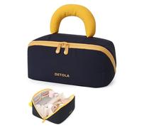 Detola Makeup Bag, Large Capacity Cosmetic Bags Travel Toiletry Bag for Women Waterproof Make up Organizer Portable Open Flat Cosmetic Pouch with Brush Compartment Travel Gifts for Women, Navy, Cute