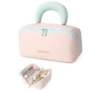 Detola Makeup Bag, Large Capacity Cosmetic Bags Travel Toiletry Bag for Women Waterproof Make up Organizer Portable Open Flat Cosmetic Pouch with Brush Compartment Travel Gifts for Women, Pink, Cute