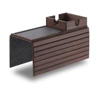 DETOR Sofa Arm Tray with Cup Holder, Walnut Finish, Fits Armrest 14cm + | Large 11.5 cm Square Cup Holder, Durable Bamboo Slats, Enhanced Non-Slip Felt Base Keeps Drinks, Phones and Remotes Secure