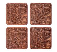 Detroit Map Coaster, Set of 4, Sapele Wooden Coaster with City Map, Handmade