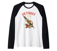 Detroit Retro Ink 313 Skull - Vintage Tattoo Style Design Raglan Baseball Tee