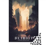 Detroit Skyscraper View Adult Jigsaw Puzzle, 1000 Pieces, 52x38cm/1000pcs, Indoor Activity Away from Screens, Evening Leisure And Puzzle Lovers