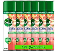 Dettol, Antibacterial All In One Disinfectant Spray, Summer Fruits, 1.8L (300ml x 6pck) Household Sanitiser, Hard Surfaces, Upholstery, No Wiping Required, Kills 99.9 Percent of Germs