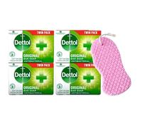 Dettol Antibacterial Bar Soap, 2 Twin Pack, 4 x 100g, Kills 99.99% of Germs, Hand & Body Cleansing with Bath Sponge (PACK OF 2)