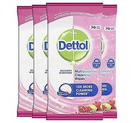 Dettol Antibacterial Cleaning Wipes, Multipurpose Disinfectant with Pomegranate Scent, 4 Packs of 70 (Total 280), Multipack for Home and Office Hygiene