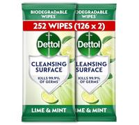 Dettol Antibacterial Cleansing Surface Biodegradable Wipes, Lime and Mint, 252 Wipes (126 x 2pck), Disinfectant, Home Hygiene, Kills 99.9 Percent of Germs