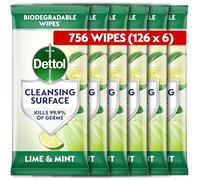 Dettol Antibacterial Biodegradable Disinfectant Wipes, Lime Mint Scent, 6 X 126 Multipack (Total 756), Effective Mould Mildew Remover, Ideal For Home Cleaning