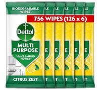 Dettol Antibacterial Multipurpose Cleaning Biodegradable Wipes, Citrus Zest, 756 Wipes (126 x 6pck) Disinfectant, Home Hygiene, Kills 99.9 Percent of Germs