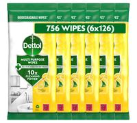 Dettol Antibacterial Multipurpose Cleaning Wipes, Citrus Zest, 756 Wipes (126 x 6pck) Disinfectant, Biodegradable, 10X Cleaning power vs Water alone,