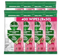 Dettol Antibacterial Surface Cleaning Wipes, Pomegranate, Total 400 Wipes (8 Packs X 50), Anti Bac Wipes, Multi Purpose Wipes, Kills 99.9 Percent of Germs, Disinfectant Wipes