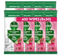 Dettol Antibacterial Multipurpose Cleaning Wipes, Pomegranate & Lime, 400 Wipes (50 x 8pck) Disinfectant, Biodegradable, 10X Cleaning power vs Water