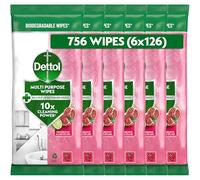 Dettol Antibacterial Multipurpose Cleaning Wipes, Pomegranate & Lime, 756 Wipes (126 x 6pck) Disinfectant, Biodegradable, 10X Cleaning power vs Water alone, Kills 99.9 Percent of Germs