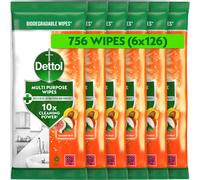 Dettol Antibacterial Multipurpose Cleaning Wipes, Summer Fruit, 756 Wipes (126 x 6pck) Disinfectant, Biodegradable, 10X Cleaning power vs Water alone